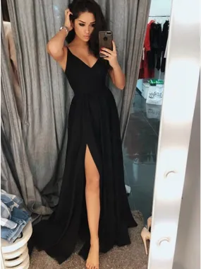 A Line V Neck Black Prom Dresses with Side Slit, Black Formal Dresses, Graduation Dresses, Evening Dresses