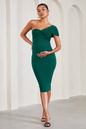 Admired | Bottle Green Ruched One-Shoulder Maternity Midi Dress