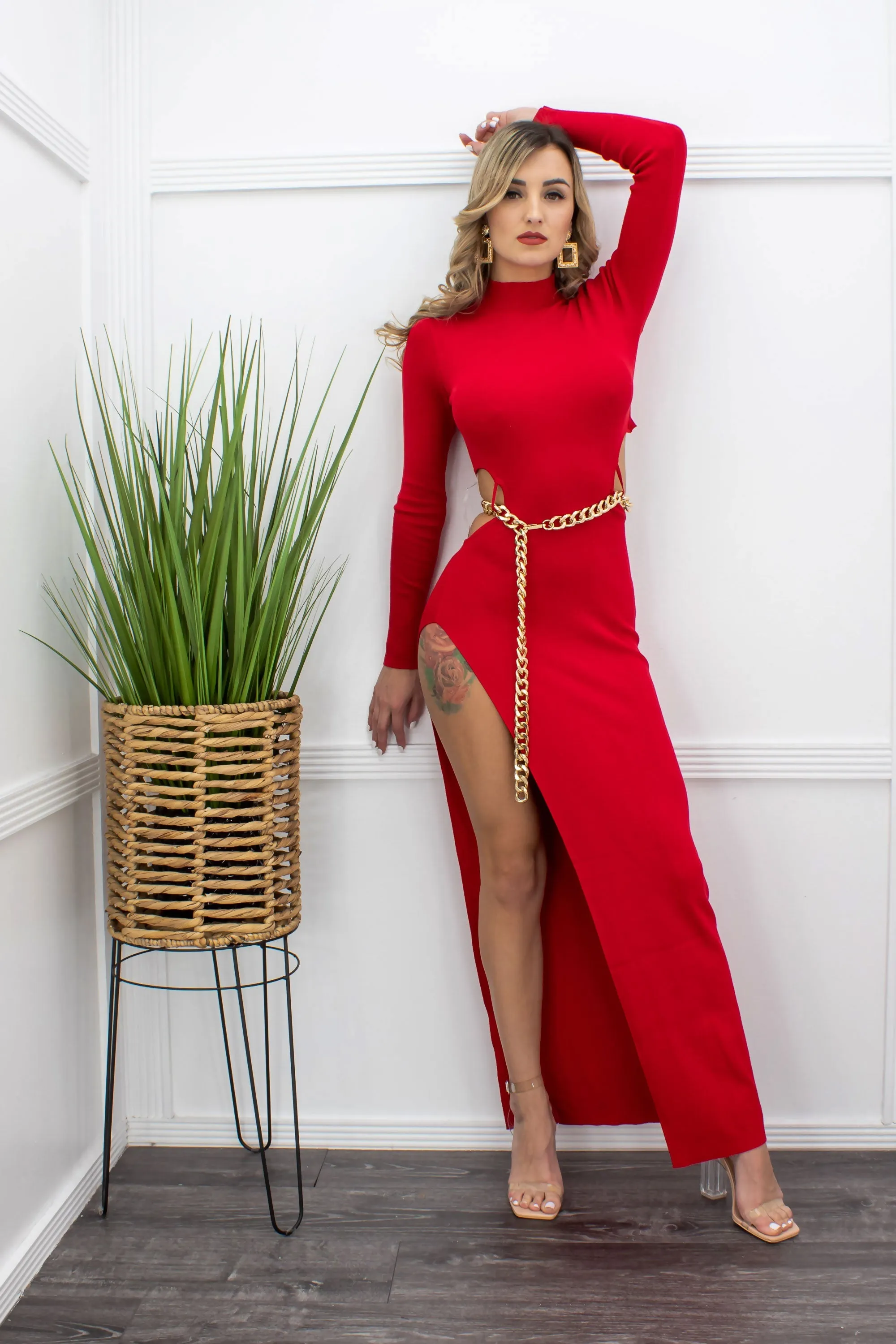 Alice Red Long Sleeve Slit Maxi Dress