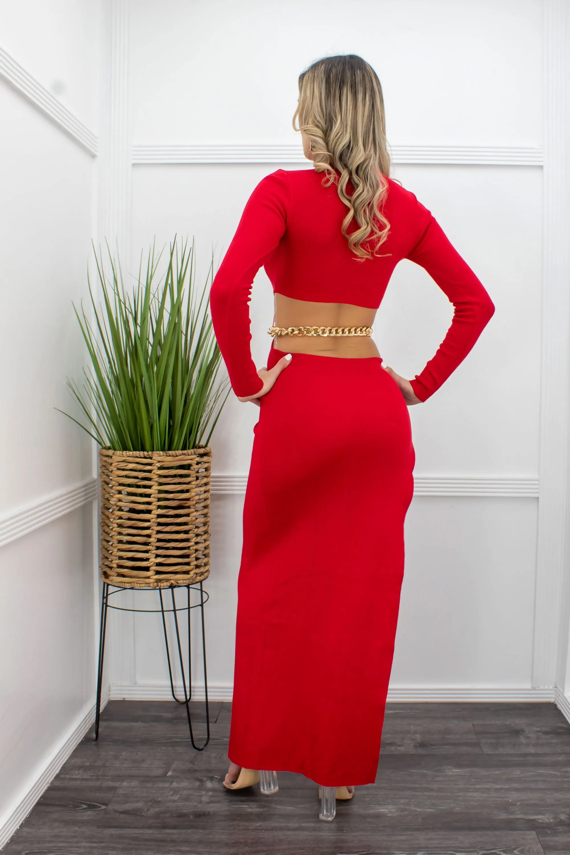 Alice Red Long Sleeve Slit Maxi Dress