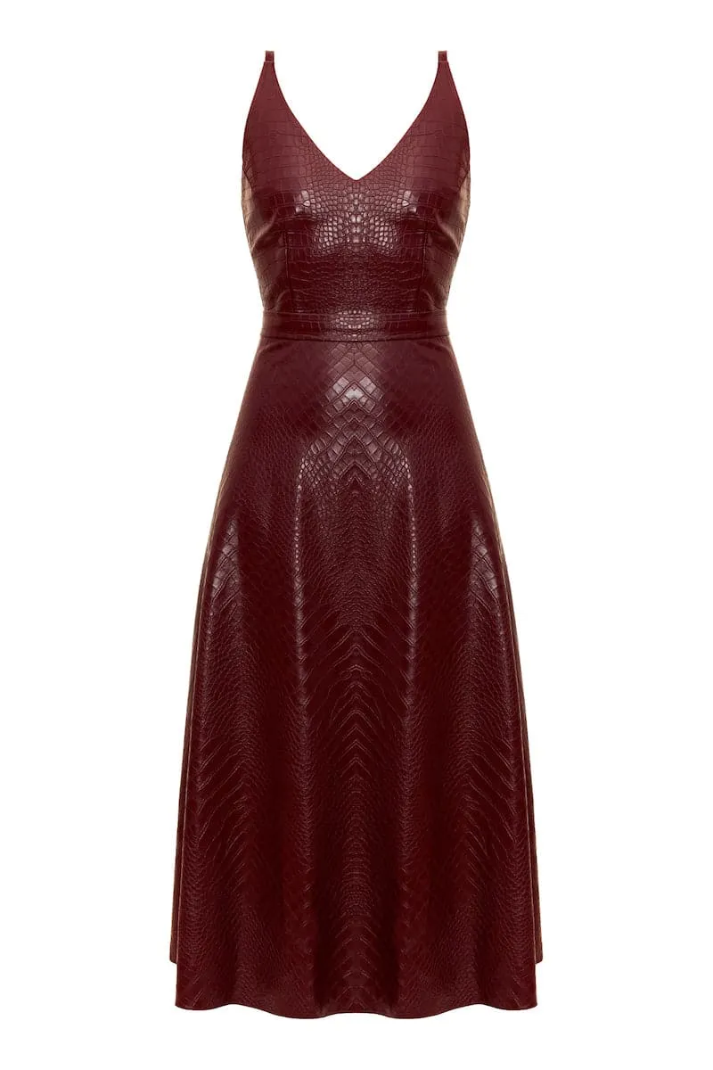 ANYA BORDEAUX VEGAN LEATHER MIDI DRESS