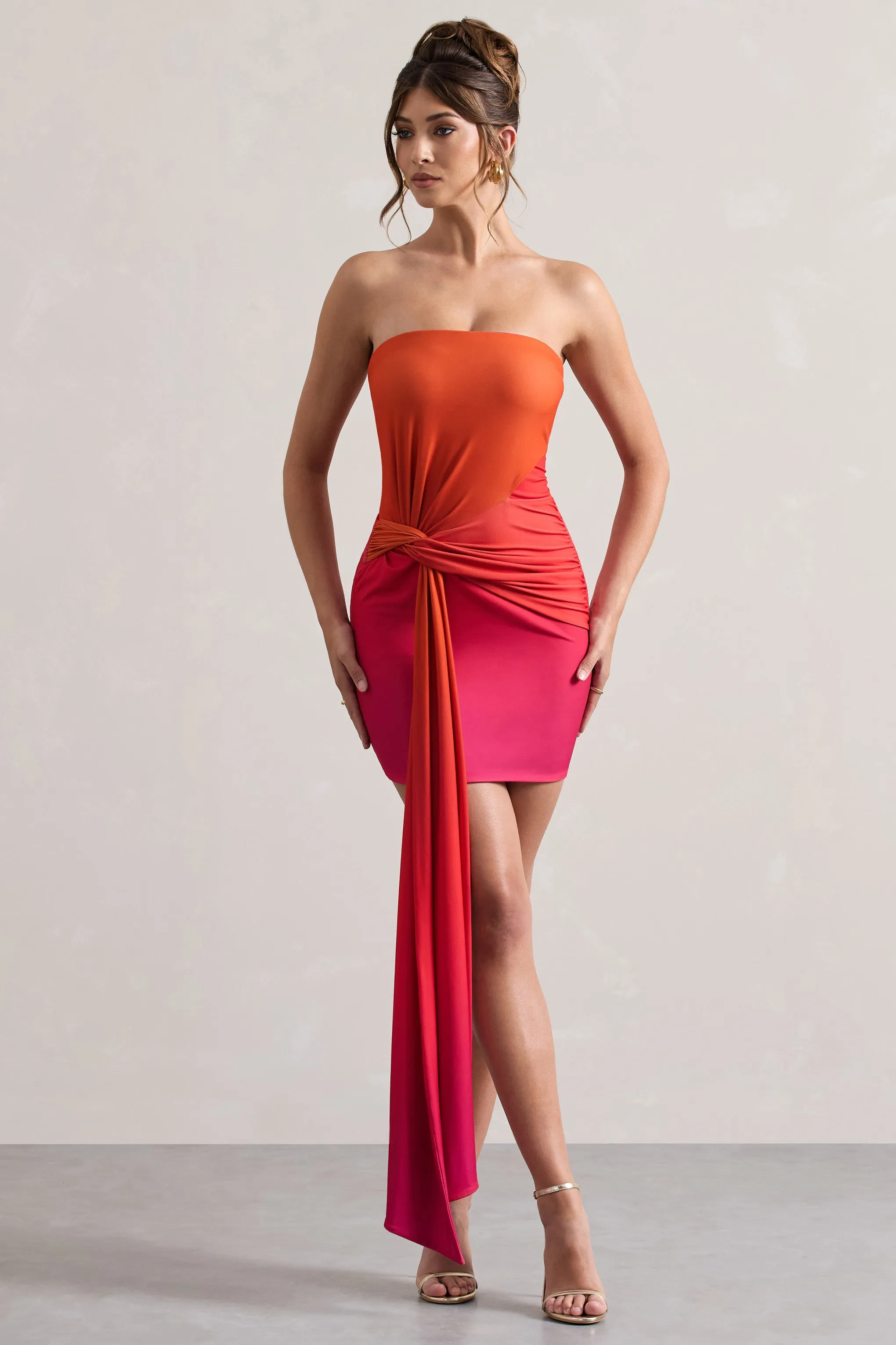 Azora | Pink & Orange Ombre Bandeau Mini Dress With Twisted Sash