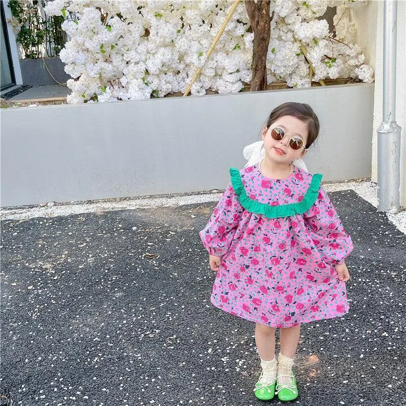 Baby Kid Girls Color-blocking Flower Print Dresses