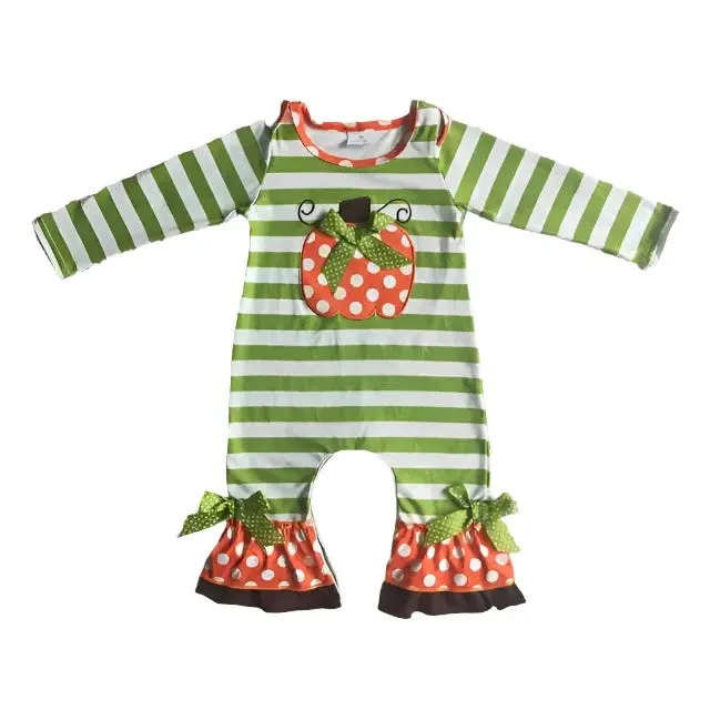 Baby Romper - Girls Applique - Autumn Pumpkin Dot Stripe