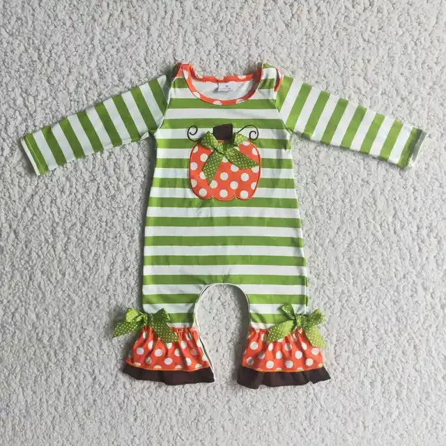 Baby Romper - Girls Applique - Autumn Pumpkin Dot Stripe