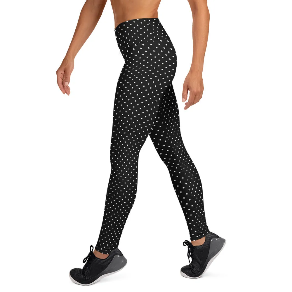 Black White Dots Yoga Leggings, Black and White Designer Polka Dots Women's Long Tights-Made in USA/EU/MX