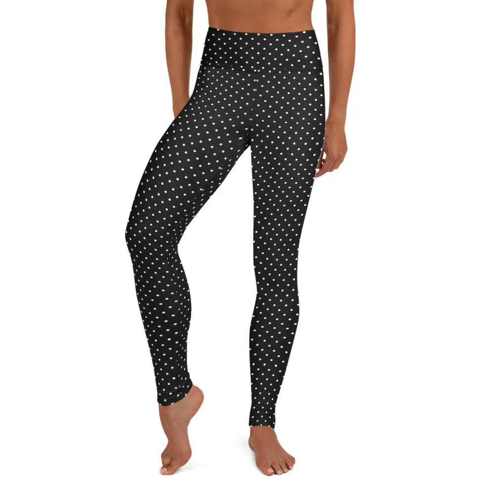 Black White Dots Yoga Leggings, Black and White Designer Polka Dots Women's Long Tights-Made in USA/EU/MX