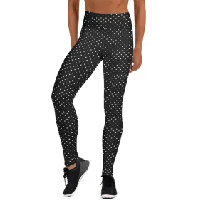 Black White Dots Yoga Leggings, Black and White Designer Polka Dots Women's Long Tights-Made in USA/EU/MX