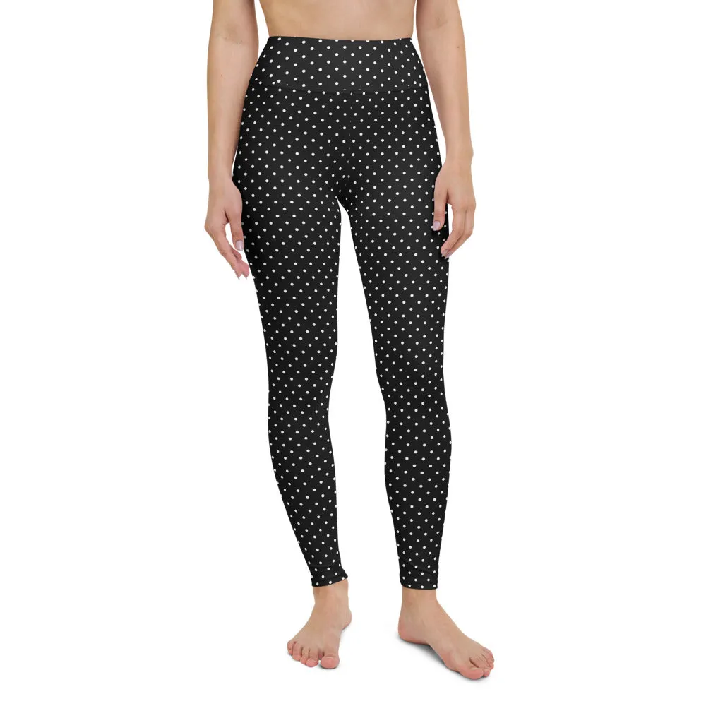 Black White Dots Yoga Leggings, Black and White Designer Polka Dots Women's Long Tights-Made in USA/EU/MX