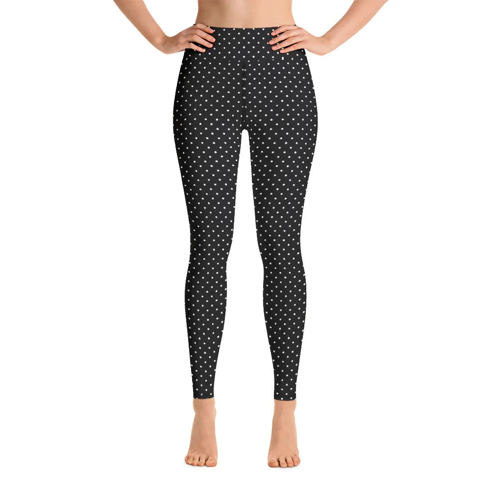 Black White Dots Yoga Leggings, Black and White Designer Polka Dots Women's Long Tights-Made in USA/EU/MX