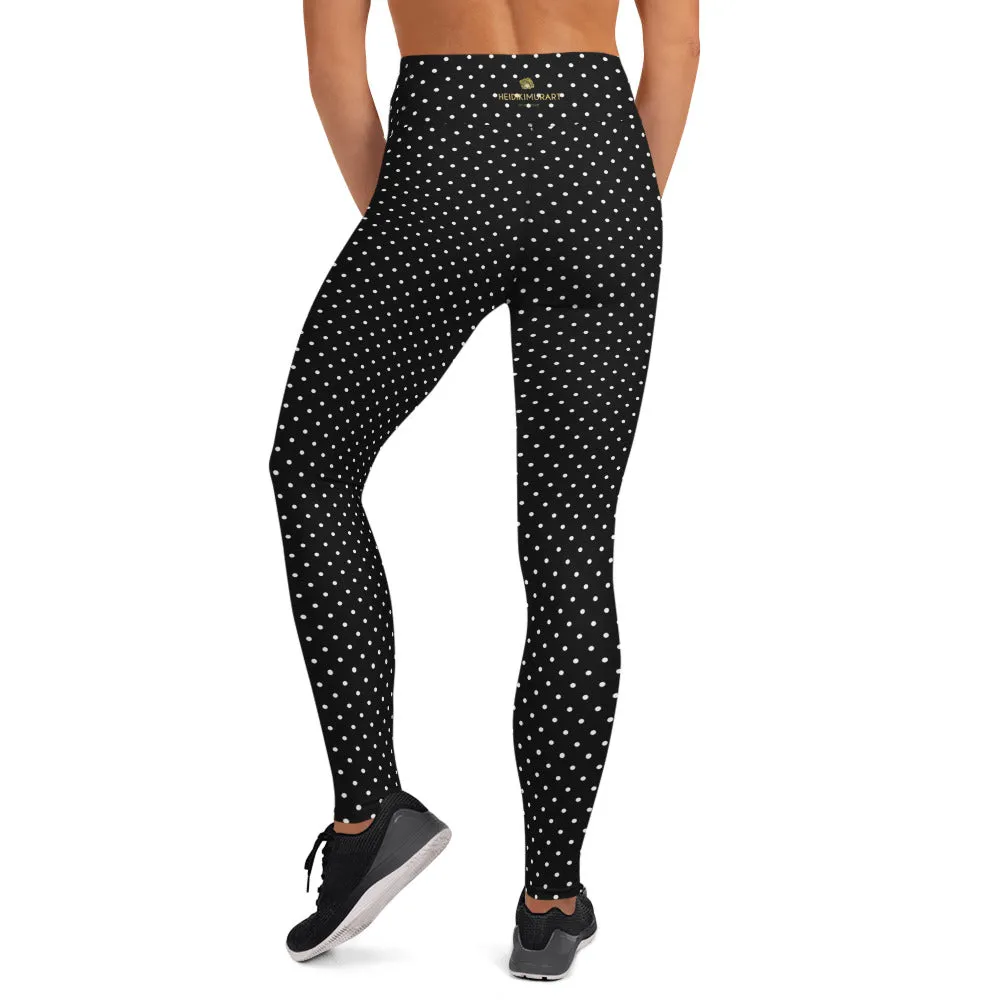 Black White Dots Yoga Leggings, Black and White Designer Polka Dots Women's Long Tights-Made in USA/EU/MX