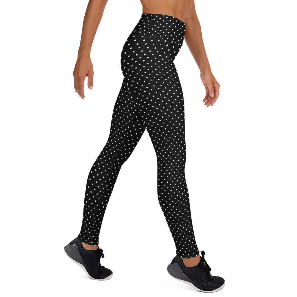 Black White Dots Yoga Leggings, Black and White Designer Polka Dots Women's Long Tights-Made in USA/EU/MX