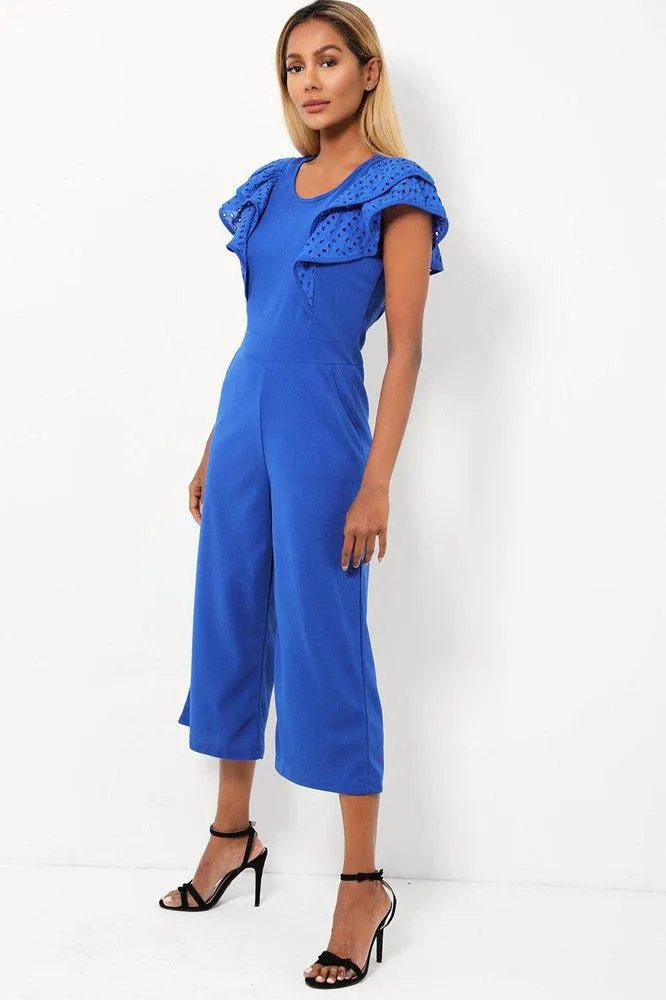 Blue Double Wing Sleeves Cropped Wide Leg Jumpsuit