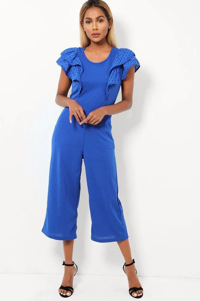 Blue Double Wing Sleeves Cropped Wide Leg Jumpsuit