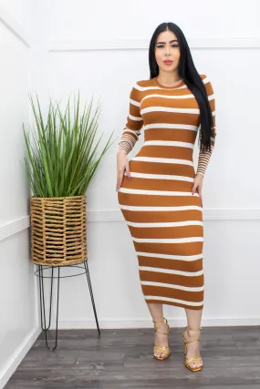 Bodycon Long Sleeve Stripes Maxi Dress