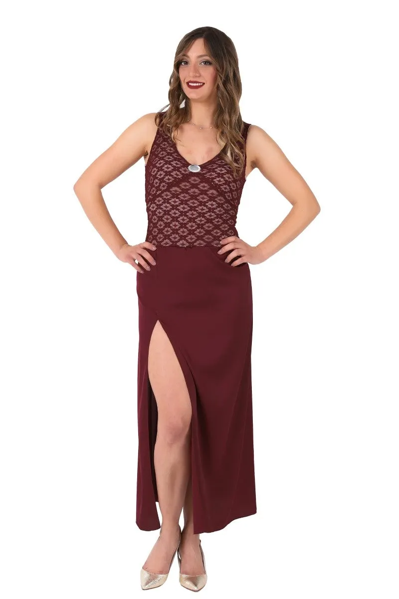 Burgundy Satin and Lace Tango Performance Dress