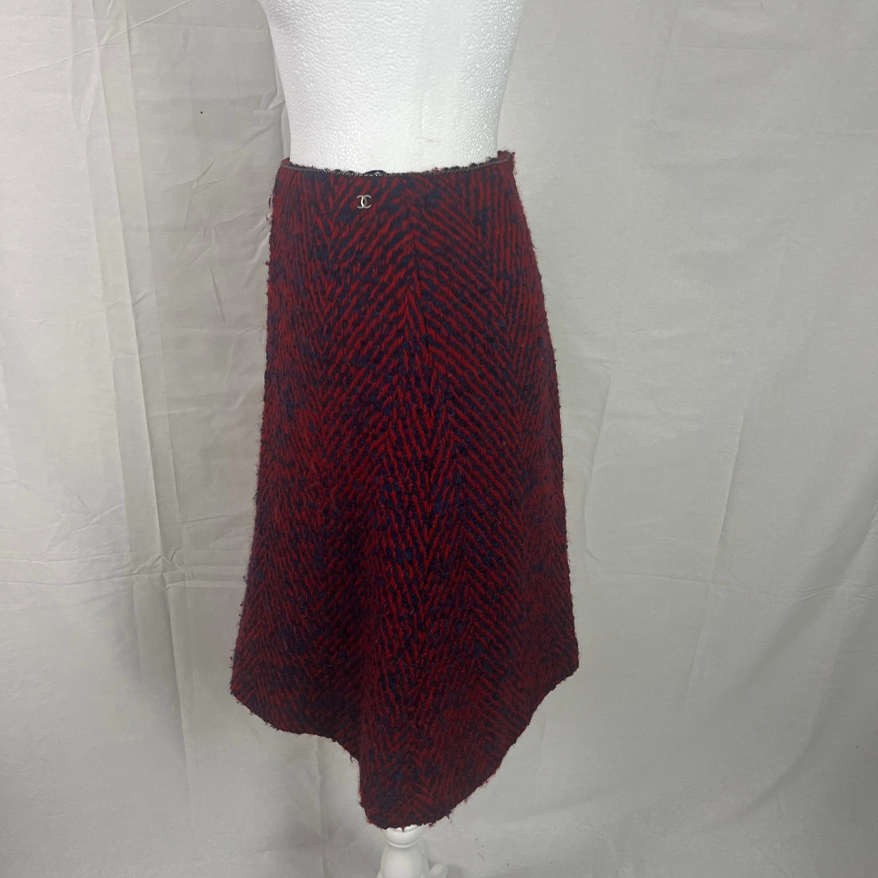 Chanel Red & Navy Chevron Tweed Midi Skirt XS/S