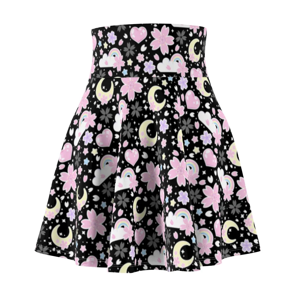 Cherry Blossom Dreams Black High Waist Skater Skirt