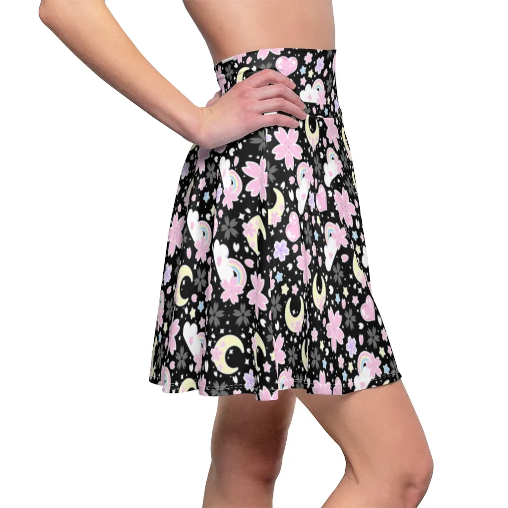 Cherry Blossom Dreams Black High Waist Skater Skirt