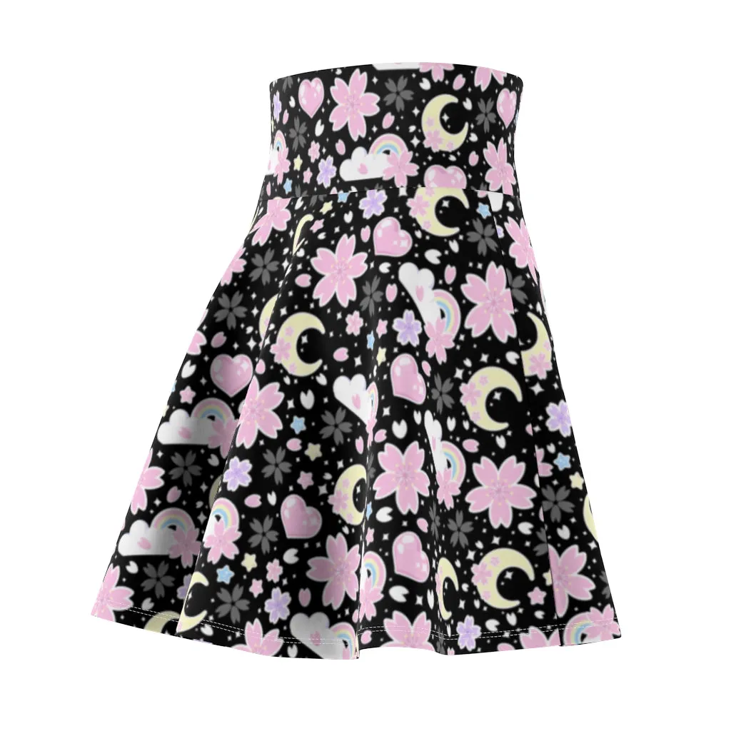 Cherry Blossom Dreams Black High Waist Skater Skirt