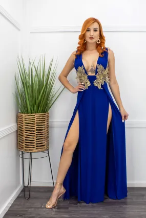 Deep V Sleeveless Slit Blue Maxi Dress