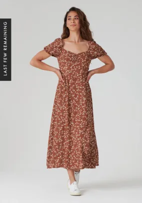 Ditsy Floral Puff Sleeve Midi Dress in Rust - Outlet