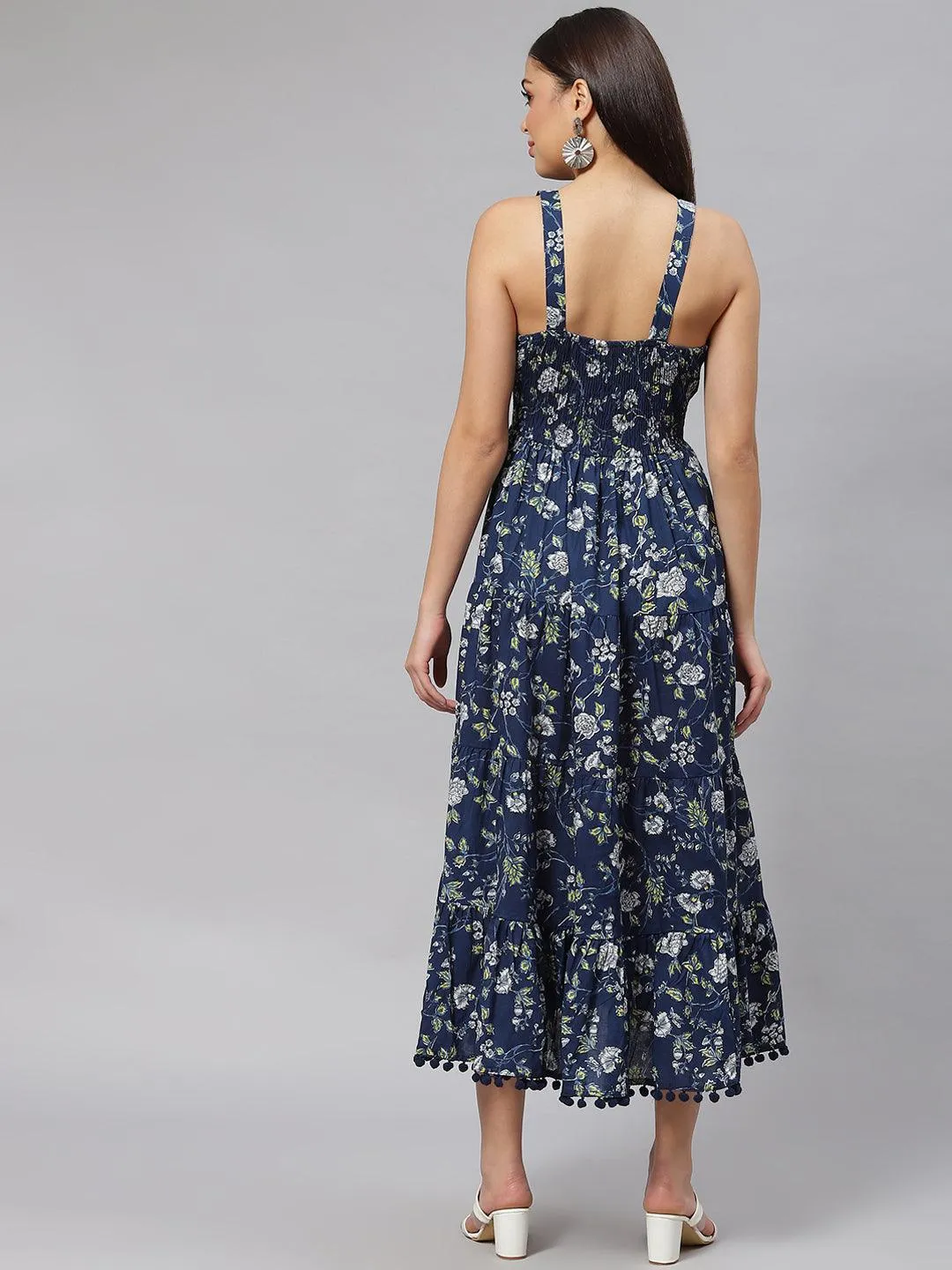 Divena Blue Floral Shoulder Strip Long Dress