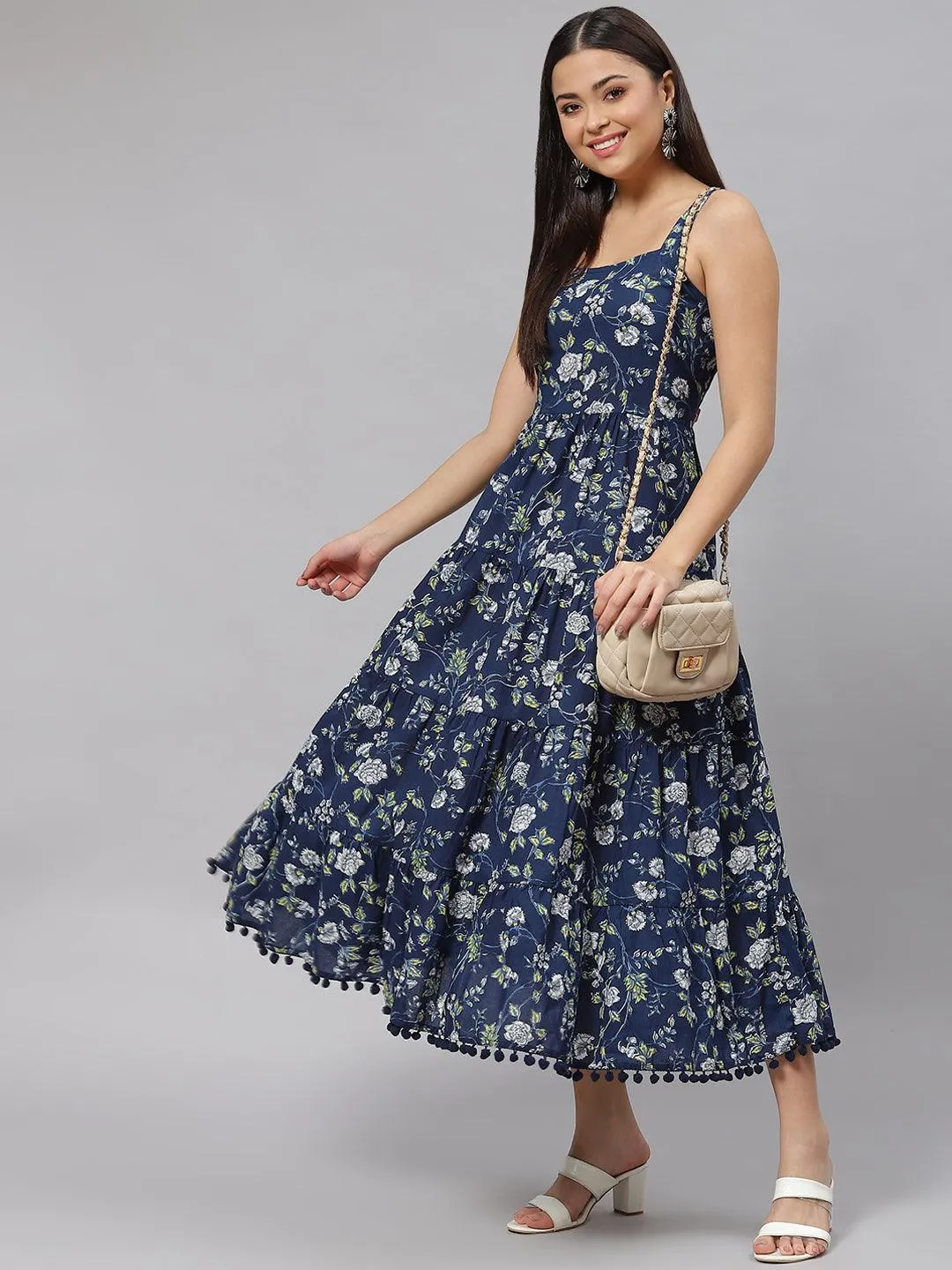 Divena Blue Floral Shoulder Strip Long Dress