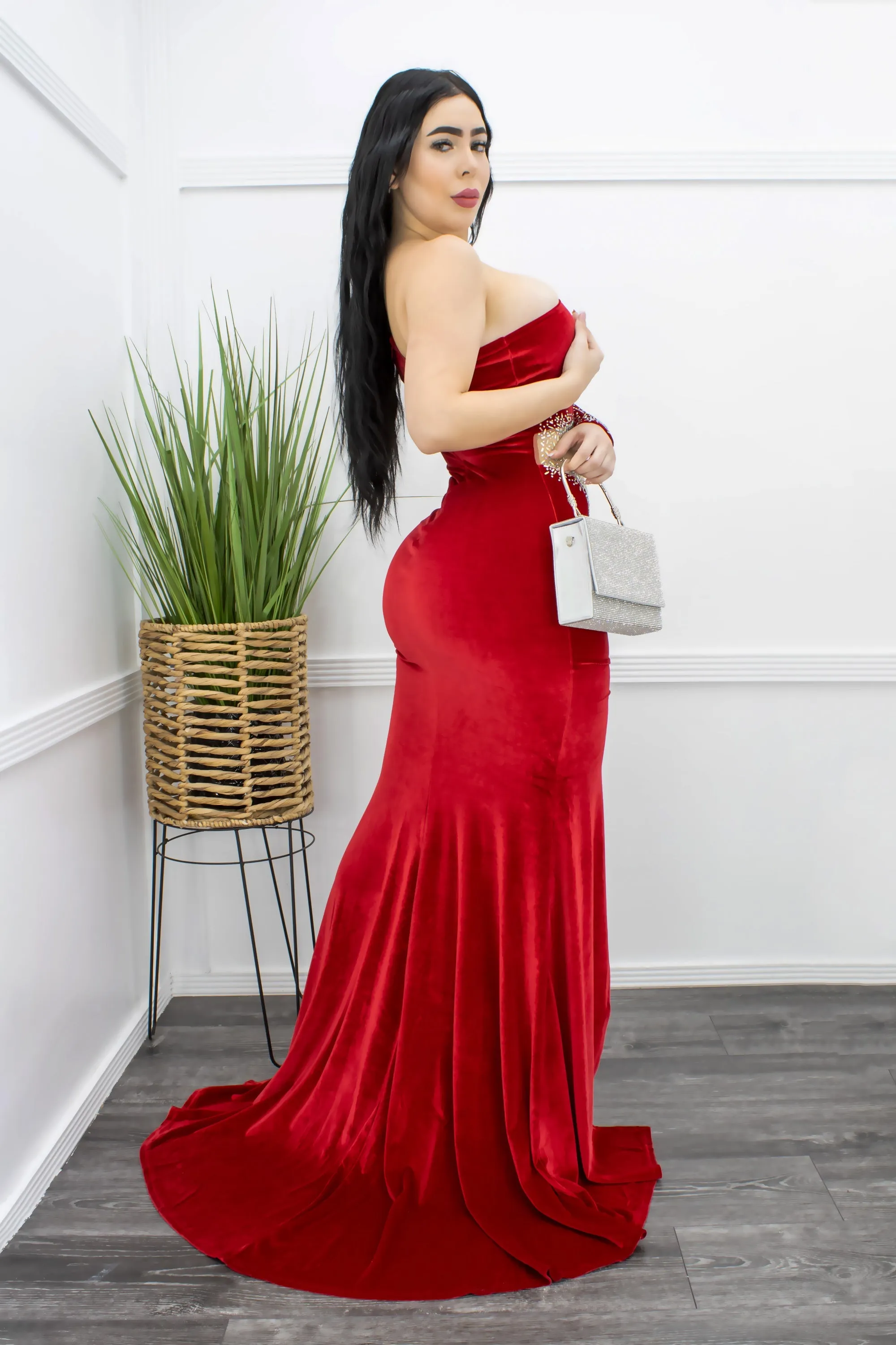 Embellished W Rhinestone One Shoulder Maxi Dress