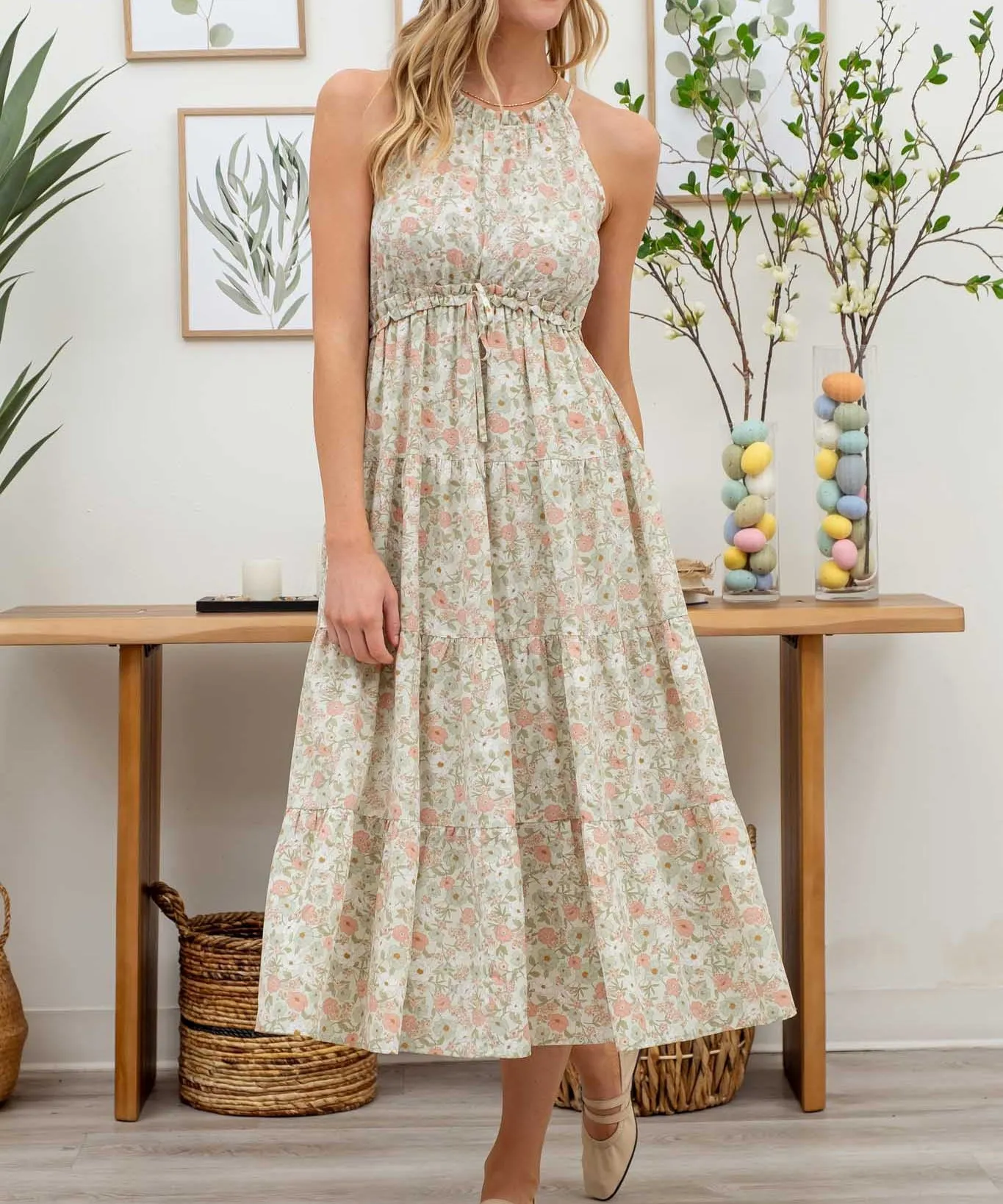 Floral Halter Tiered Midi Dress - Mint Multi