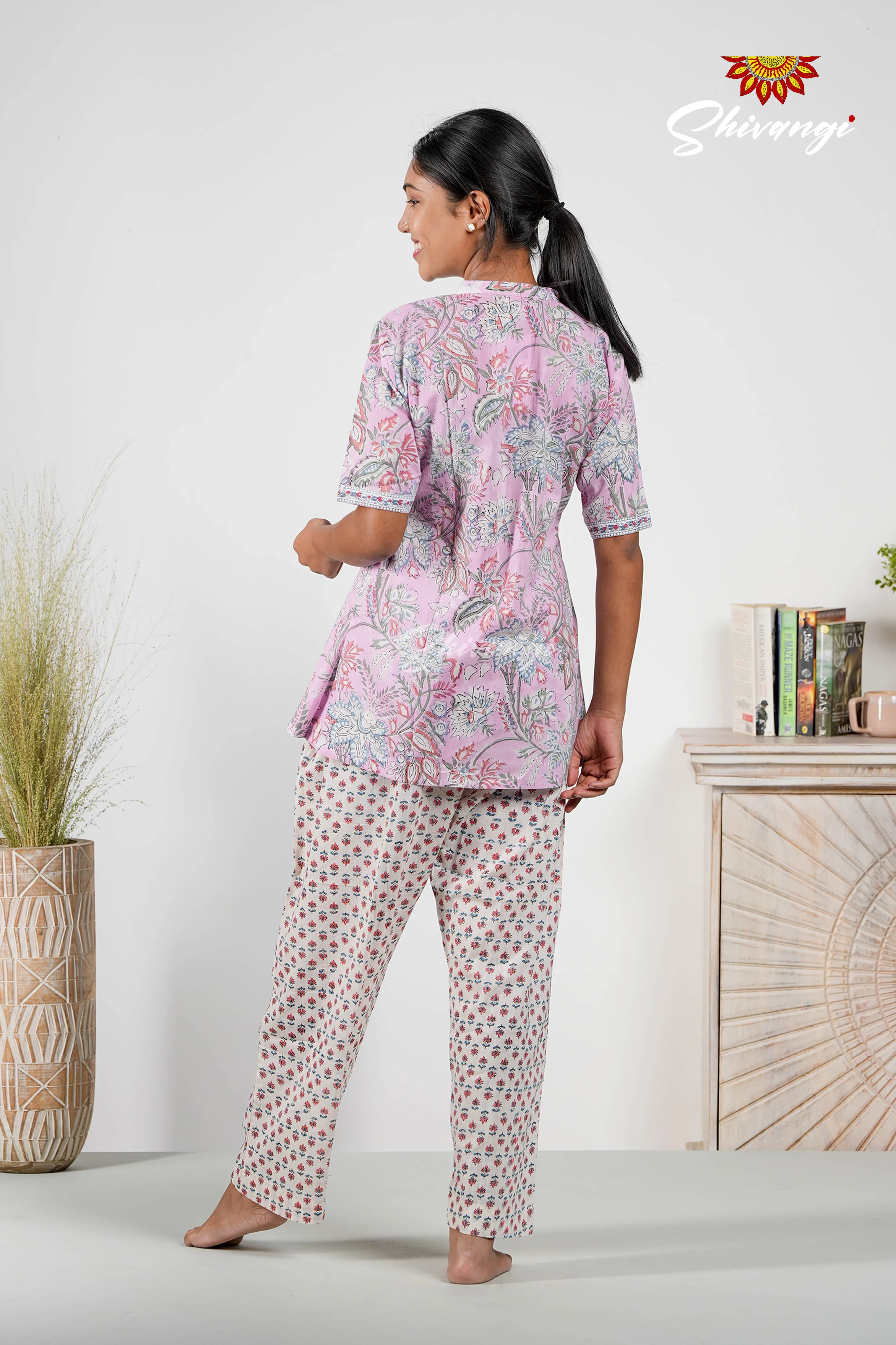 Floral Print Cotton Night Wear Set For Women Purple !!!