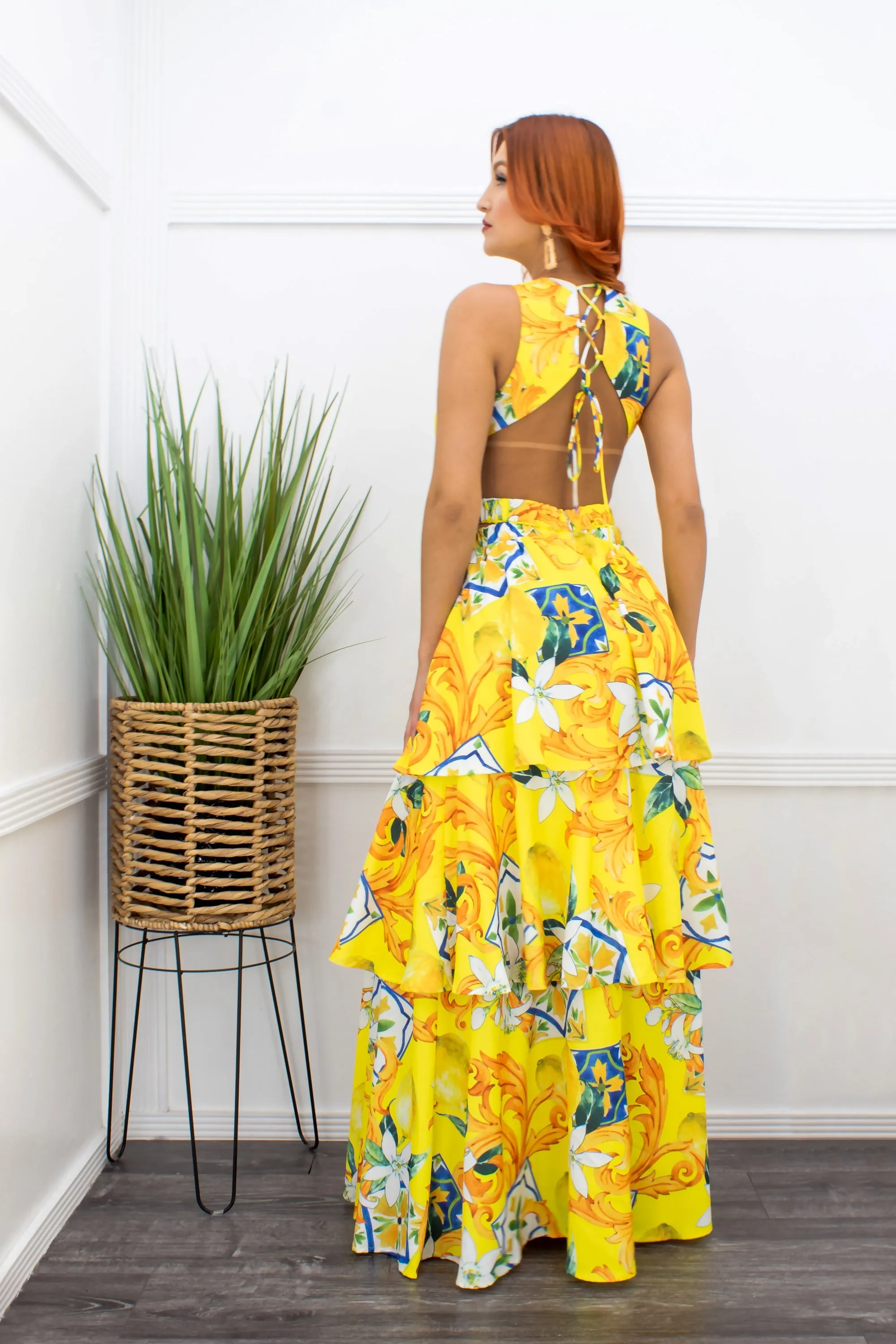 Floral Ruffled Open Back Yellow Maxi Dress