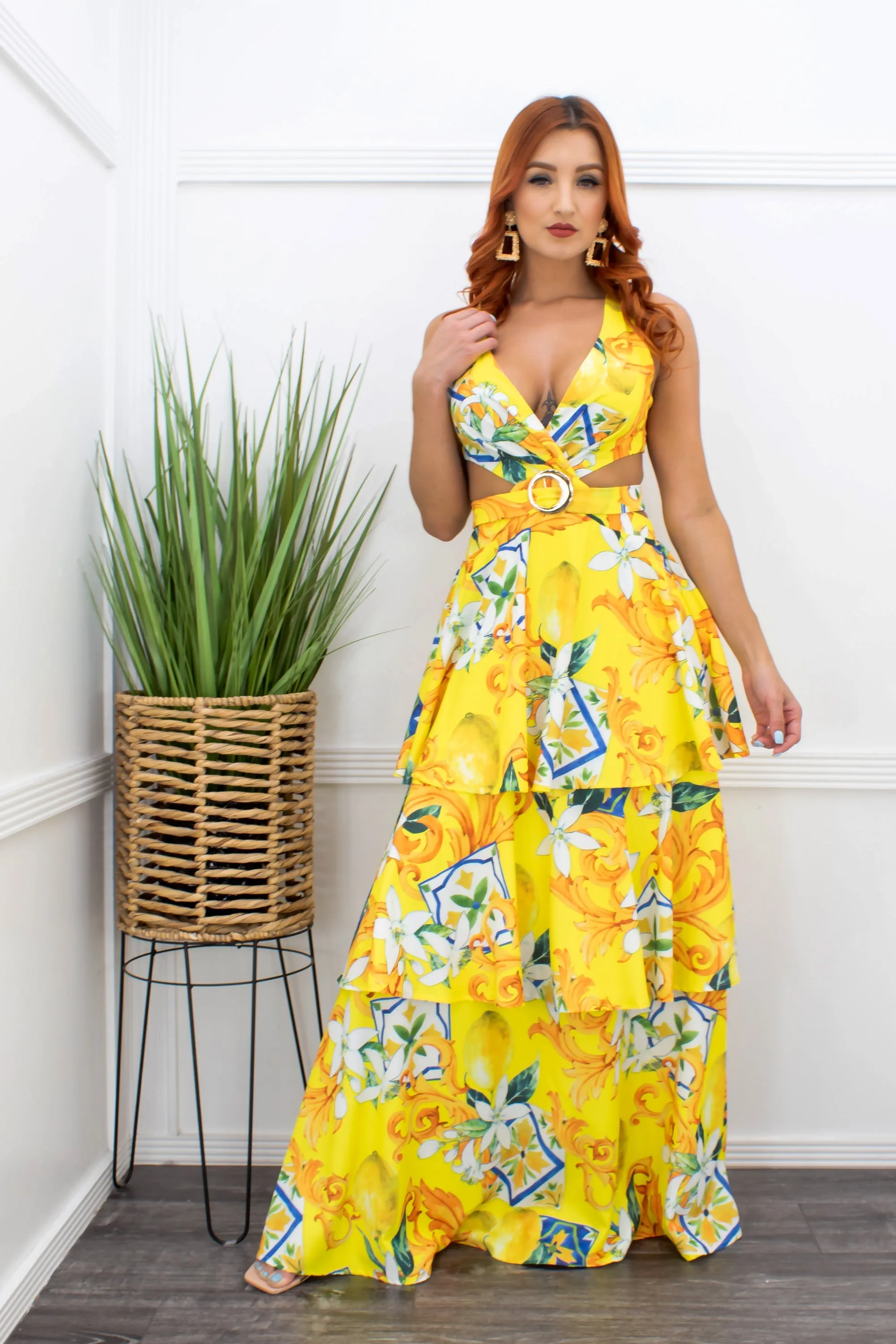 Floral Ruffled Open Back Yellow Maxi Dress