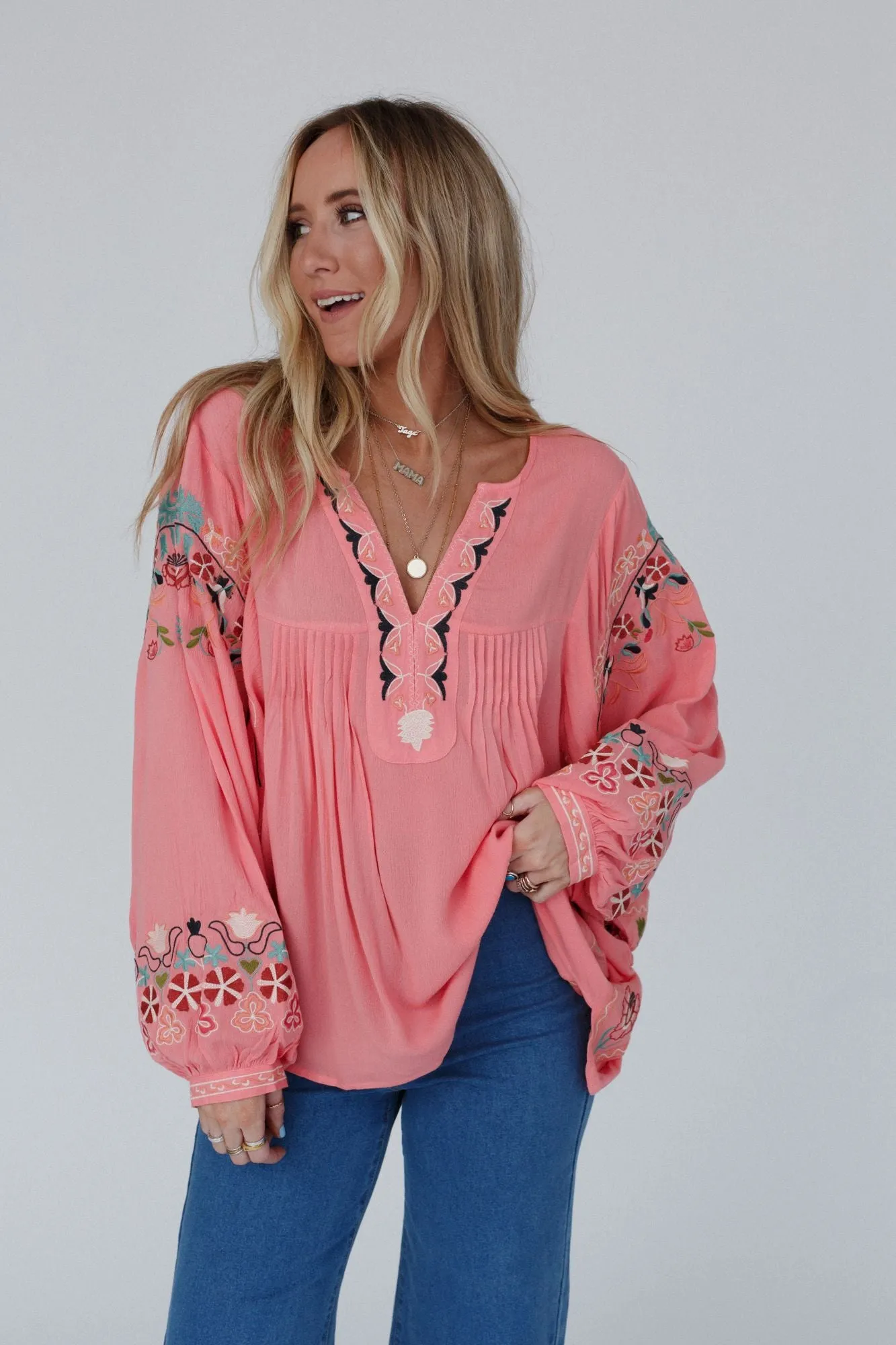 Frida Embroidered Dolman Sleeve Top - Rose