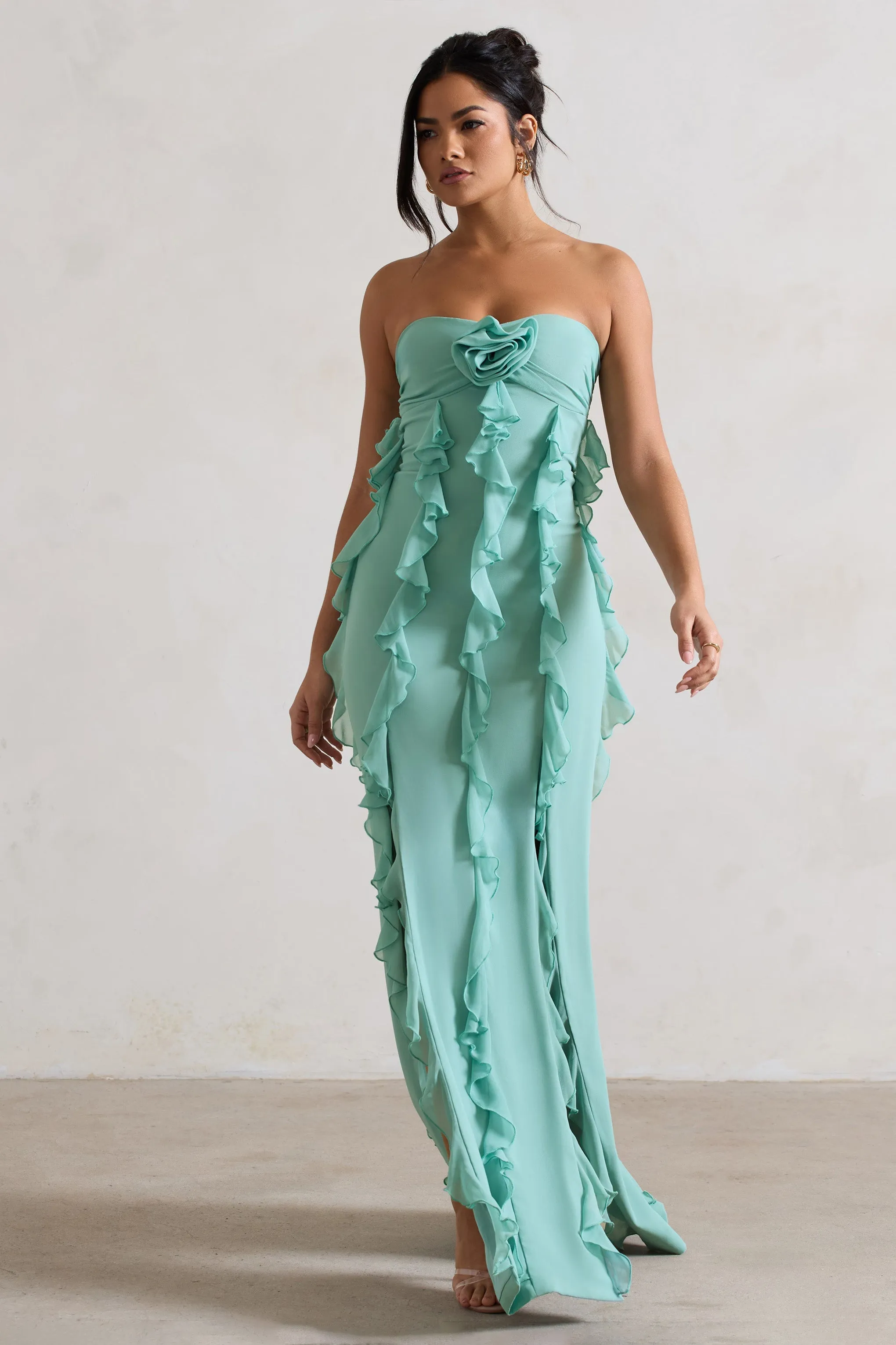 Gardenia | Mint Green Strapless Ruffle Maxi Dress With Corsage