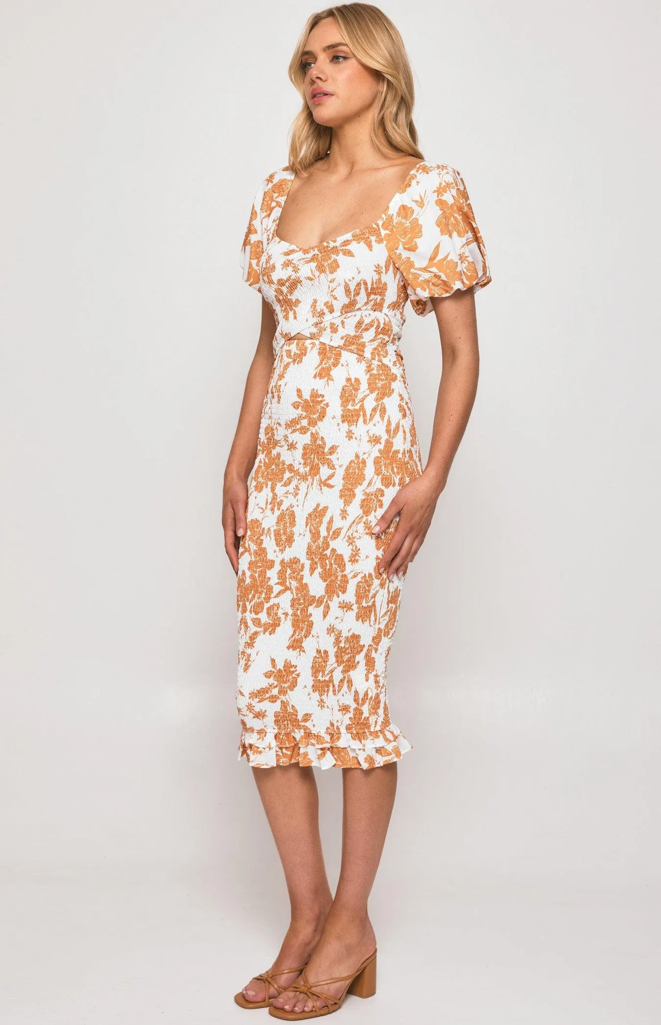 Gia Shirred Midi Dress - Tan