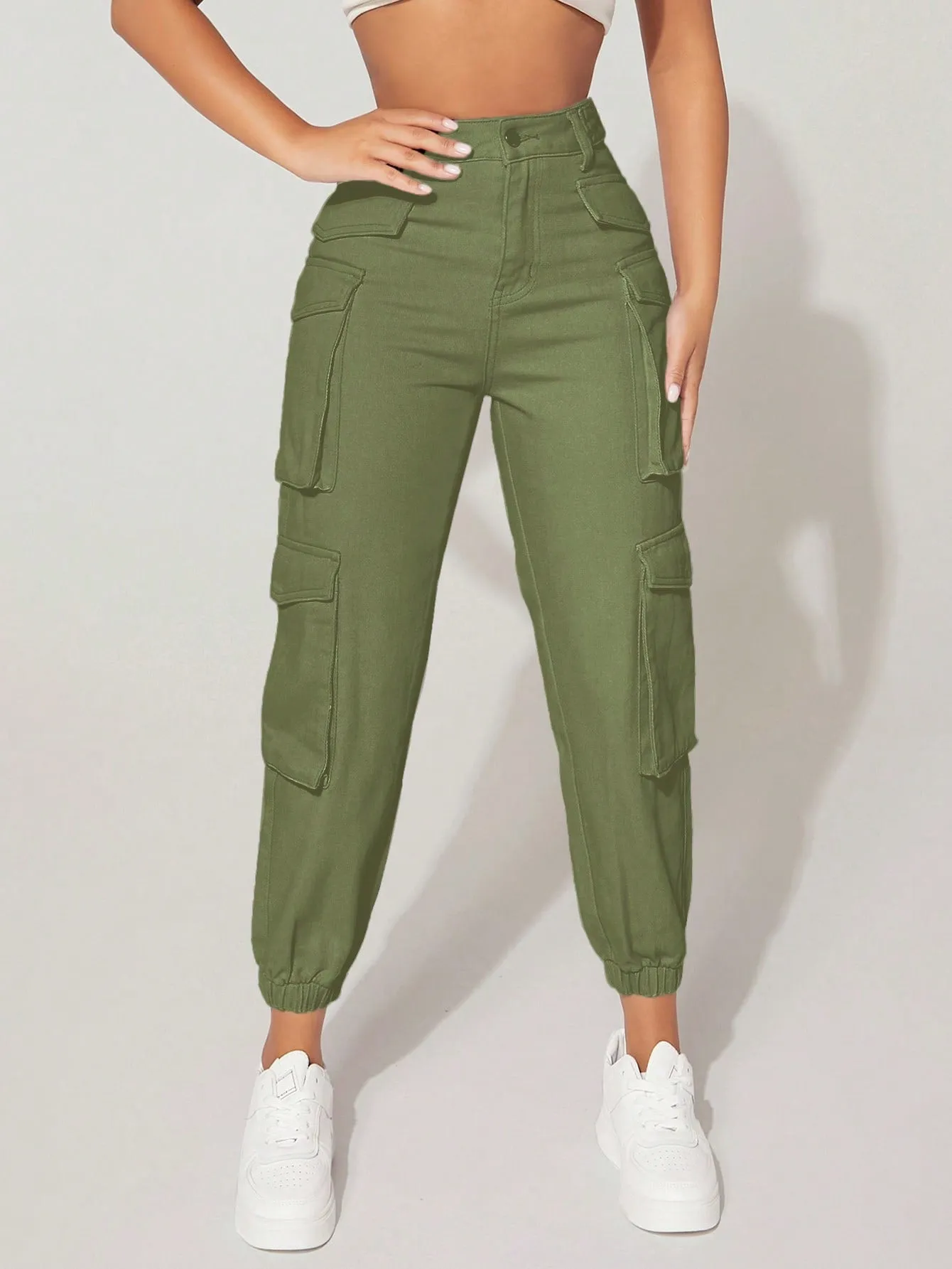 High Waist Flap Pocket Cargo Jeans