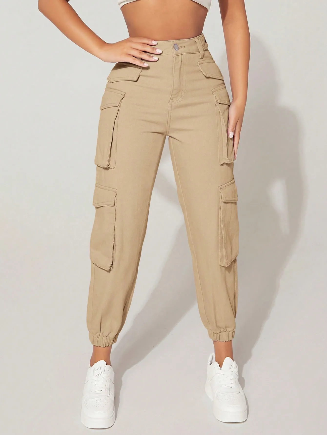 High Waist Flap Pocket Cargo Jeans