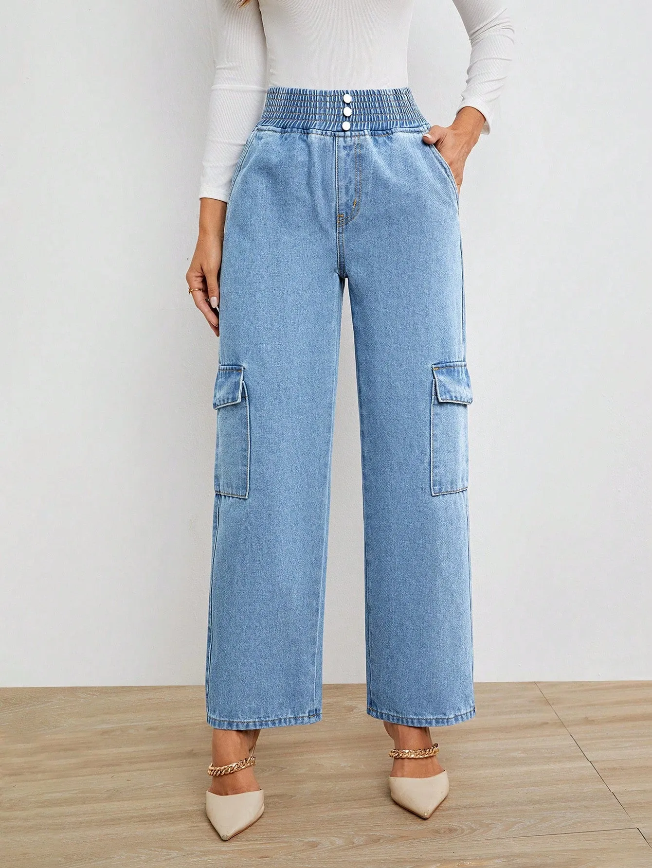 High Waist Flap Pocket Side Cargo Jeans