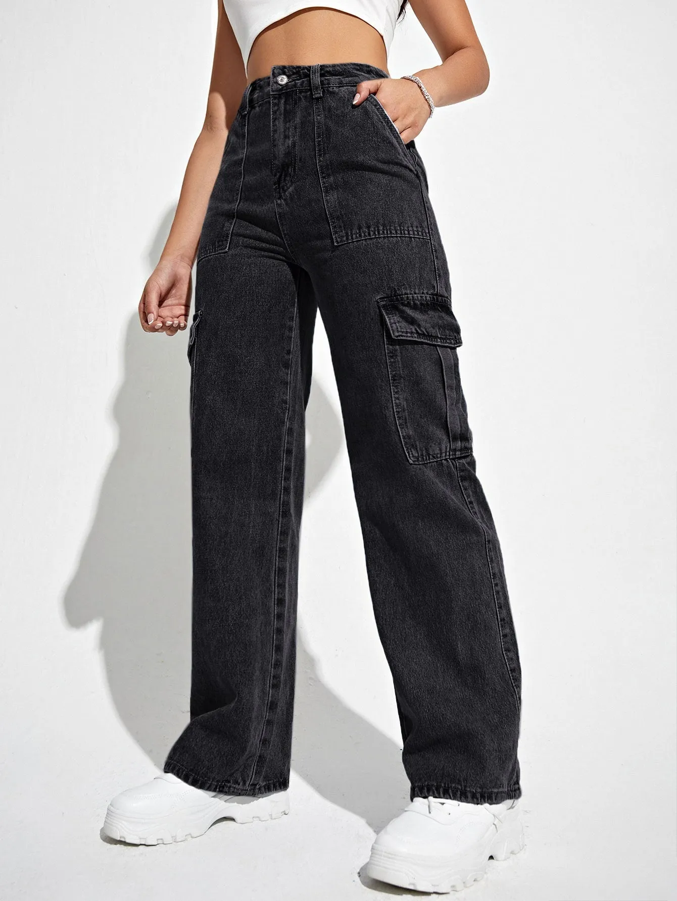 High Waist Flap Pocket Side Cargo Jeans