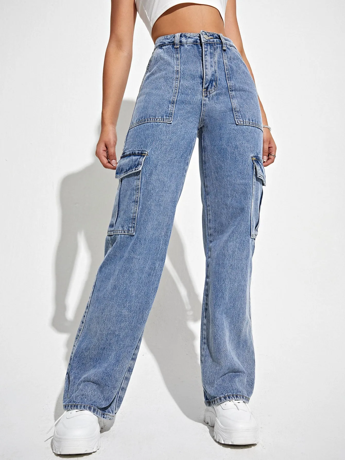 High Waist Flap Pocket Side Cargo Jeans