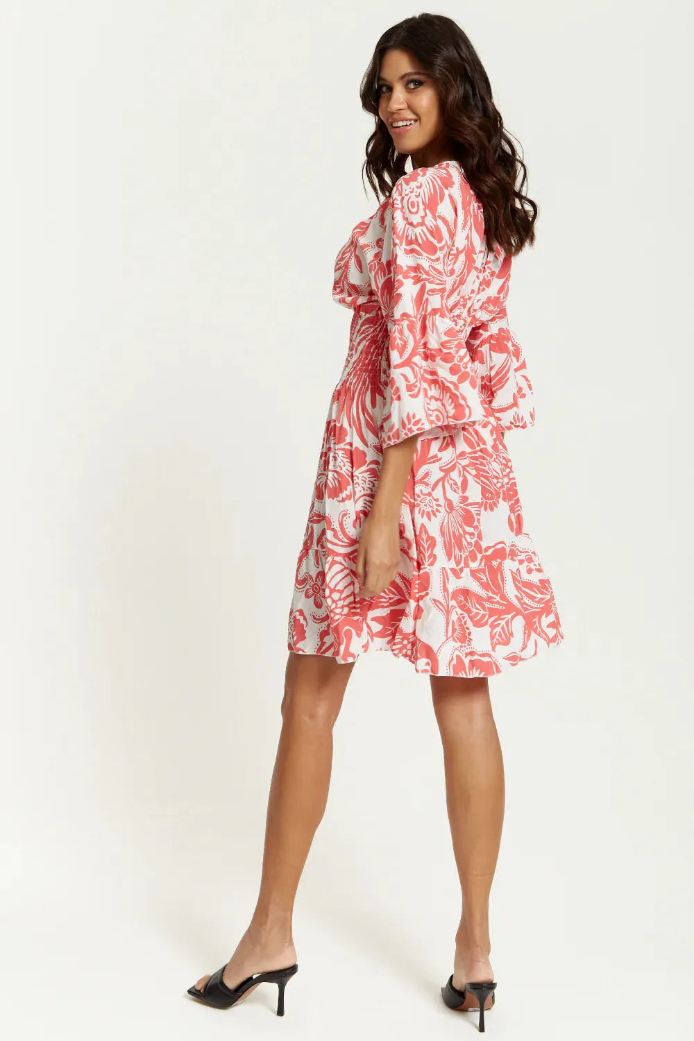 Hoxton Gal Oversized V Neck Detailed Floral Print Mini Dress