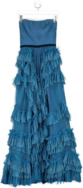 Marchesa Notte Blue Ruffled Strapless Gown UK 6