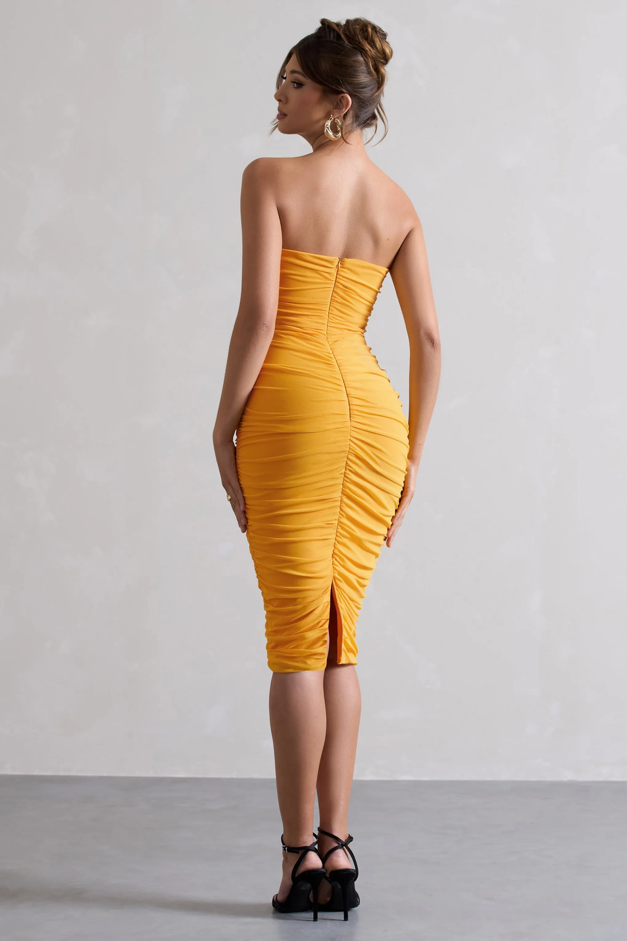 My Girl | Mango Strapless Bodycon Ruched Mesh Midi Dress