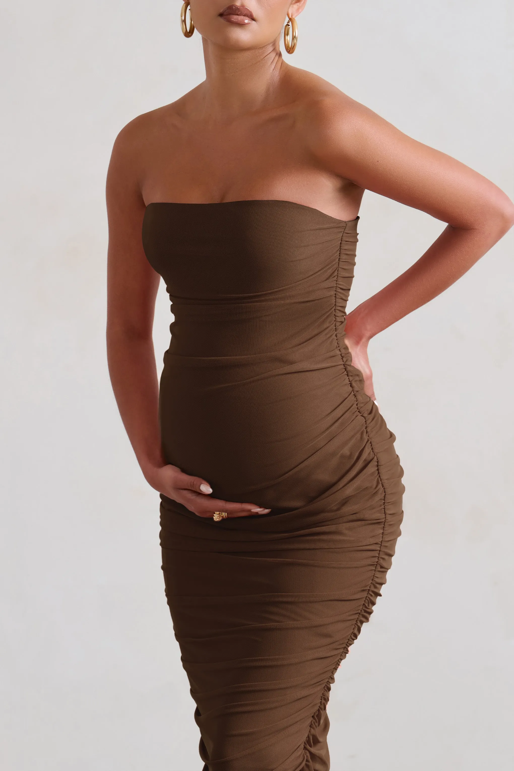 My Lady | Chocolate Maternity Brown Strapless Bodycon Ruched Mesh Maxi Dress