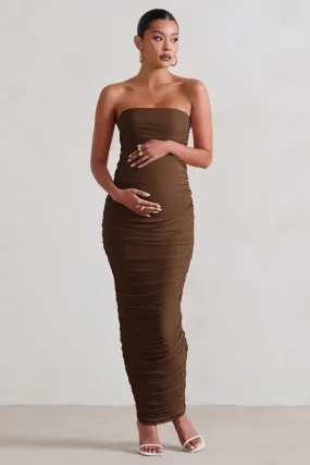 My Lady | Chocolate Maternity Brown Strapless Bodycon Ruched Mesh Maxi Dress