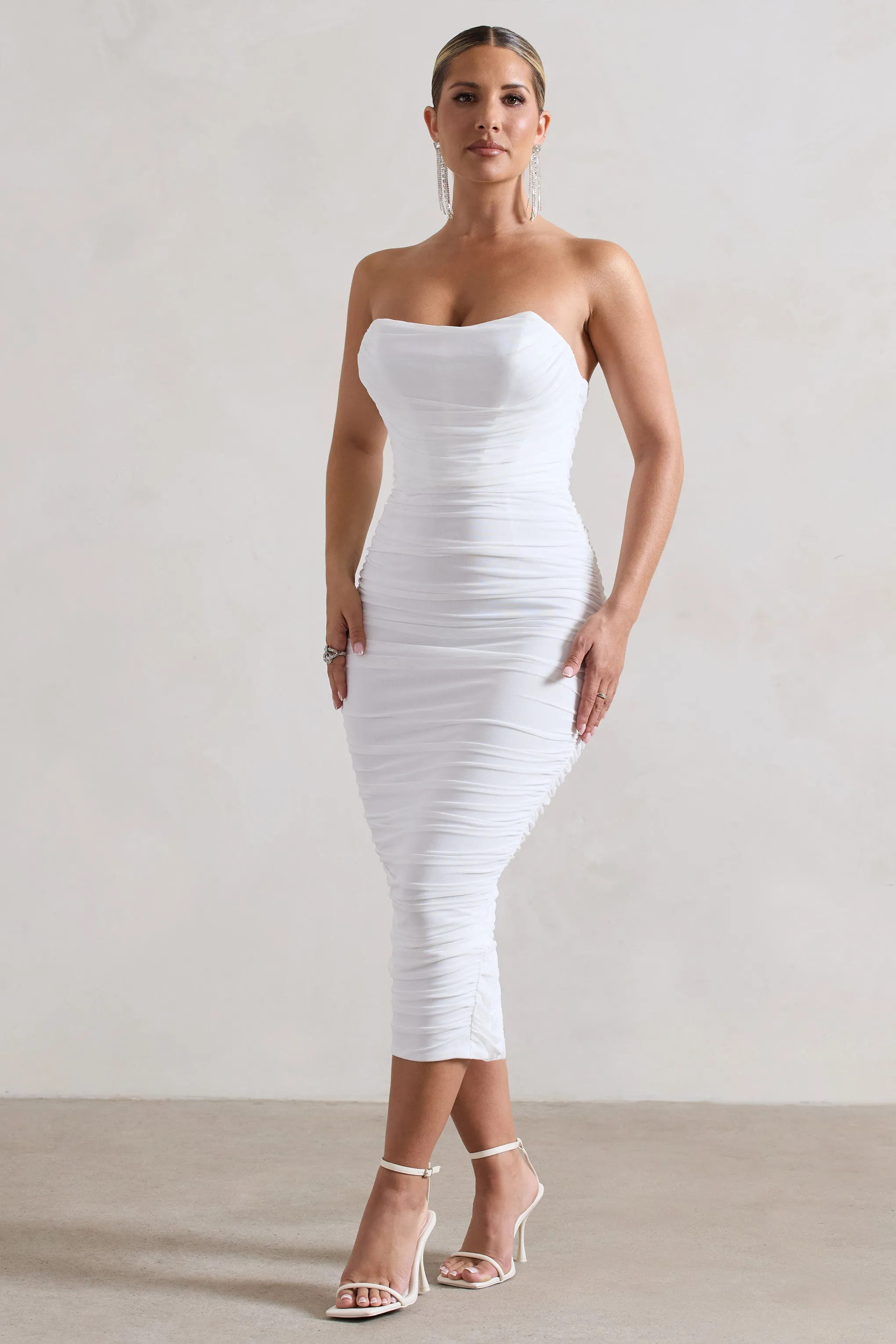 Nylah | White Ruched Corset Bodycon Midi Dress