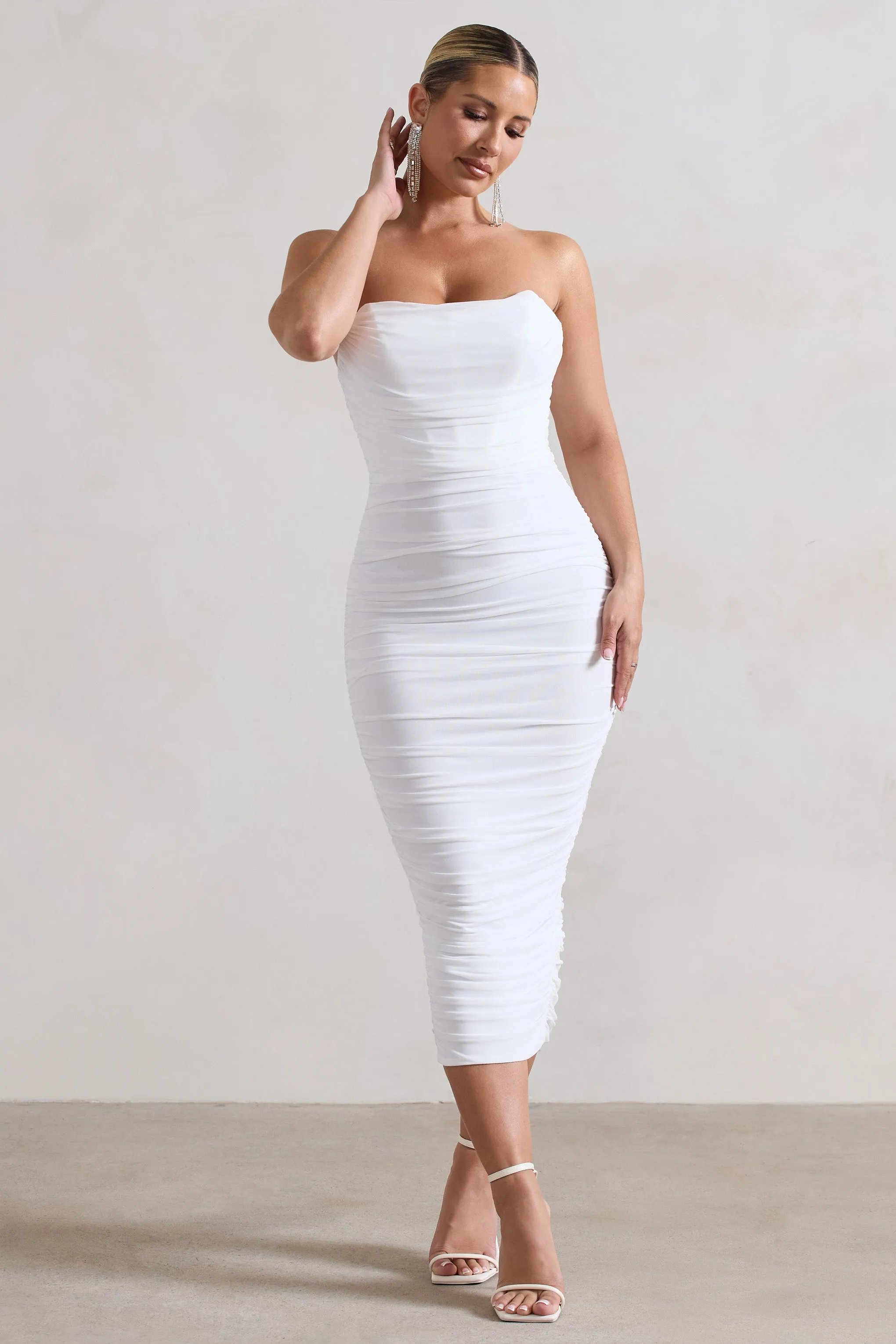 Nylah | White Ruched Corset Bodycon Midi Dress