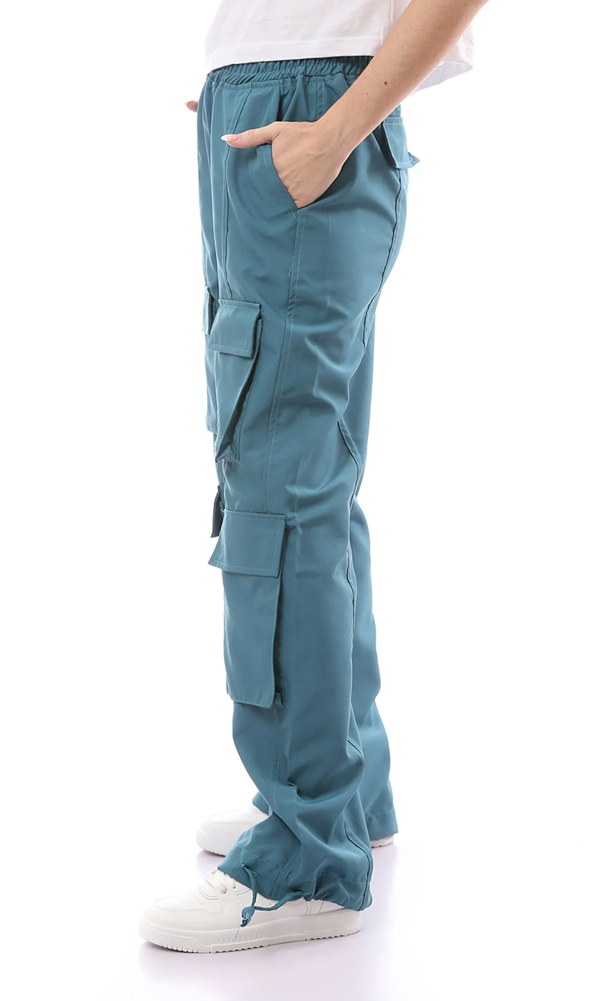 O168060 Elastic Waist Dockside Blue Cargo Pants With 6 Pockets