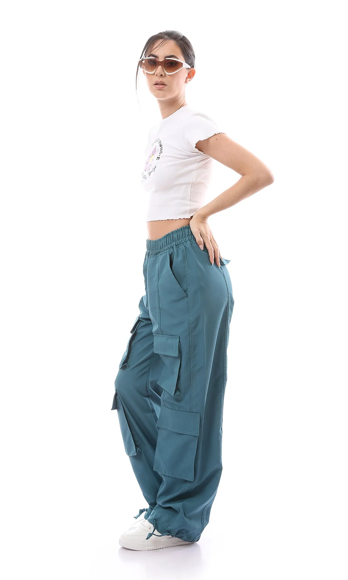 O168060 Elastic Waist Dockside Blue Cargo Pants With 6 Pockets